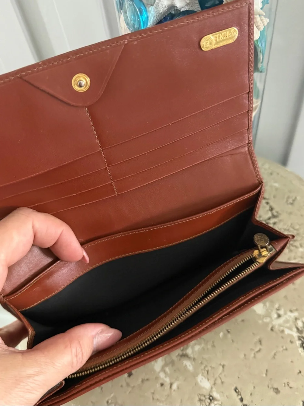 Fendi Pequin Striped Long Wallet Crossbody - Belt - tobacco/tan